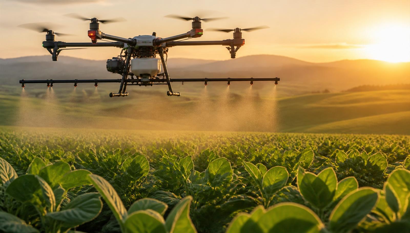 Commercial agricultural spraying drone applying precision crop protection over a soybean field at golden hour