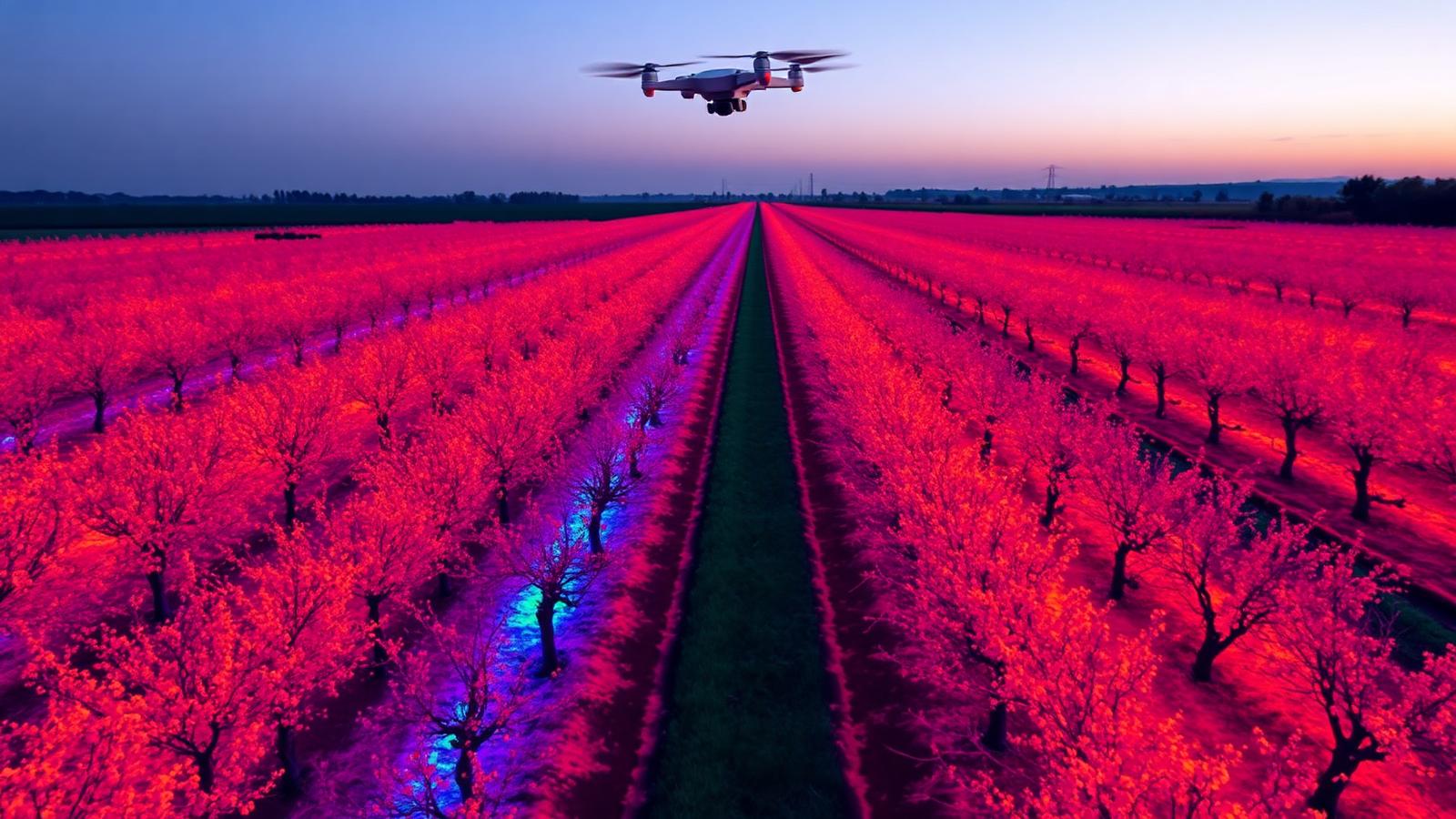 Thermal false-color drone imagery of an orchard showing irrigation stress zones