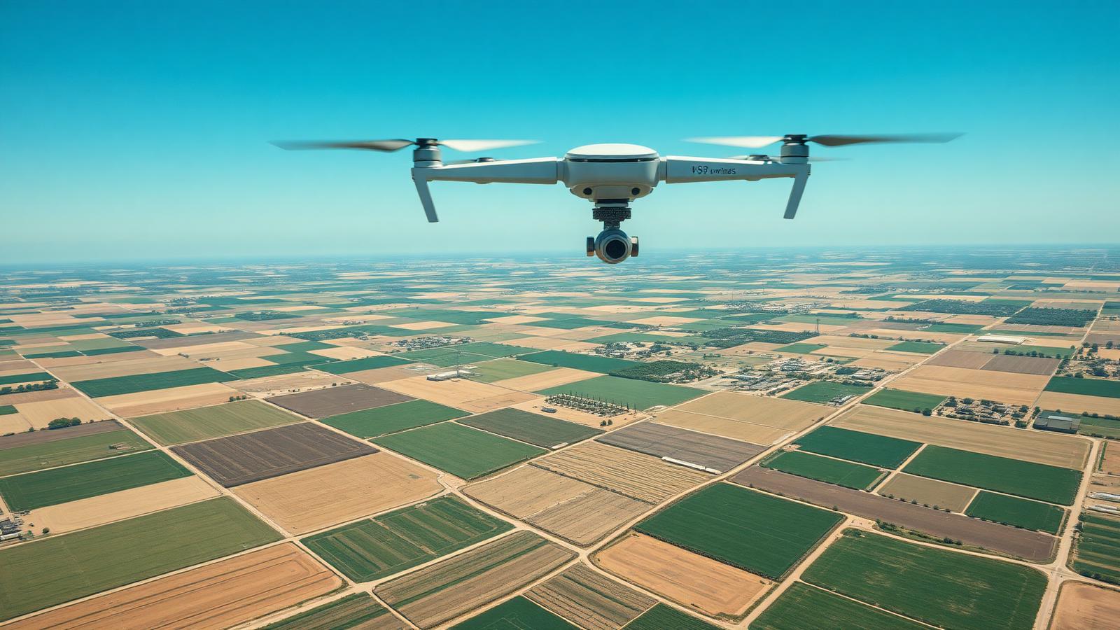Fixed-wing mapping drone flying at altitude over a patchwork of commercial farm plots