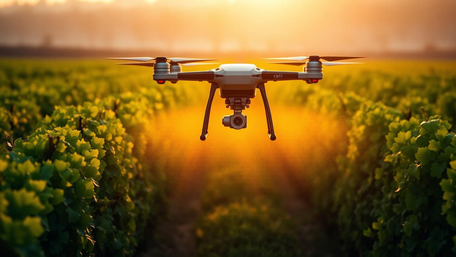 Agricultural spraying drone applying precision crop protection over a vineyard at golden hour