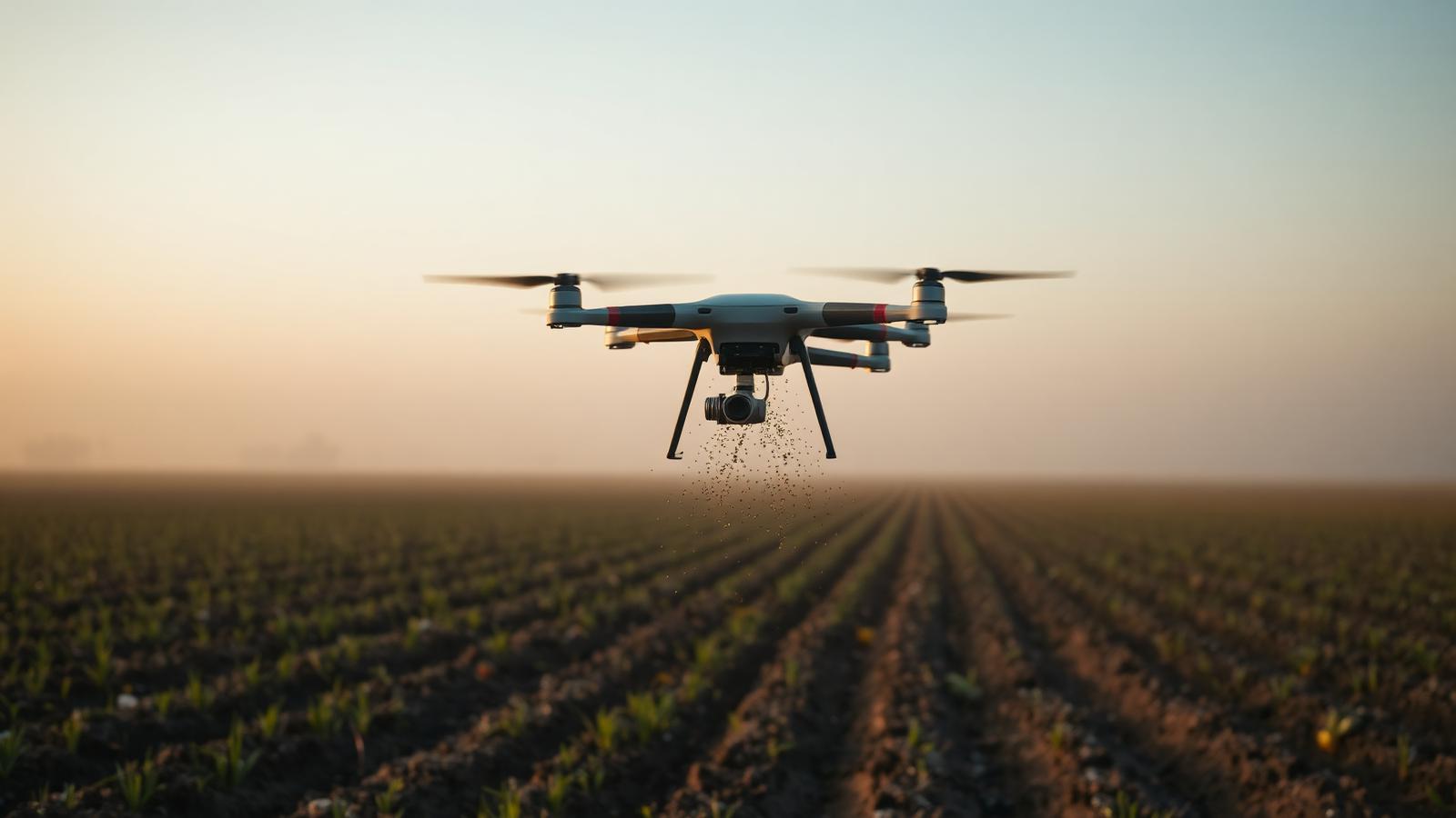 Seeding drone broadcasting cover-crop seeds over a freshly tilled field at dawn