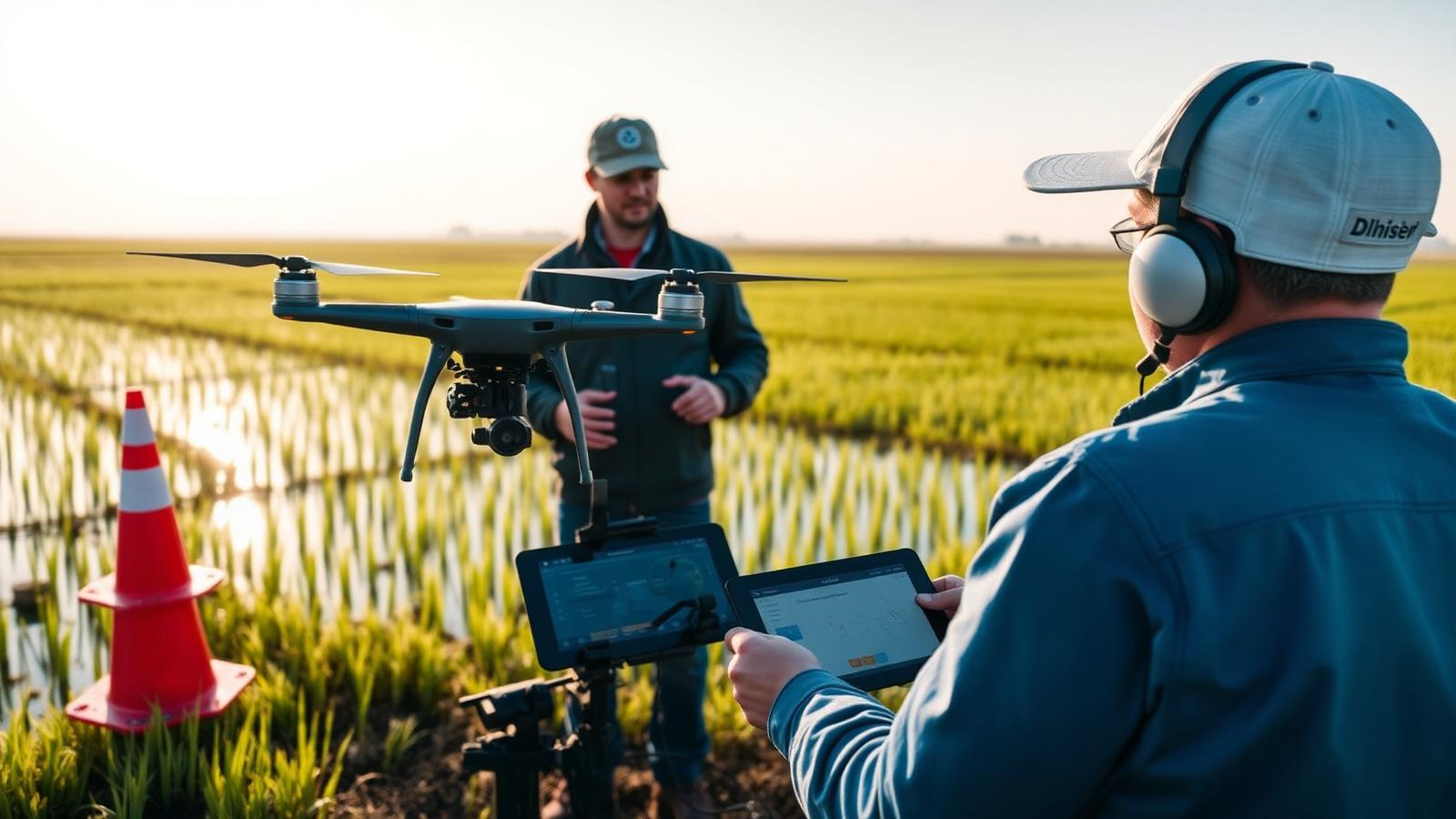 Certified drone pilot instructor training operators next to a rice paddy with tablet ground control