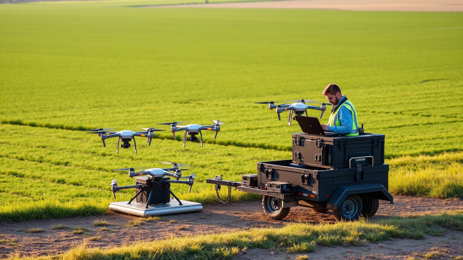 Commercial drone fleet with docking pad, battery-swap trailer and operator laptop on the edge of a farm field