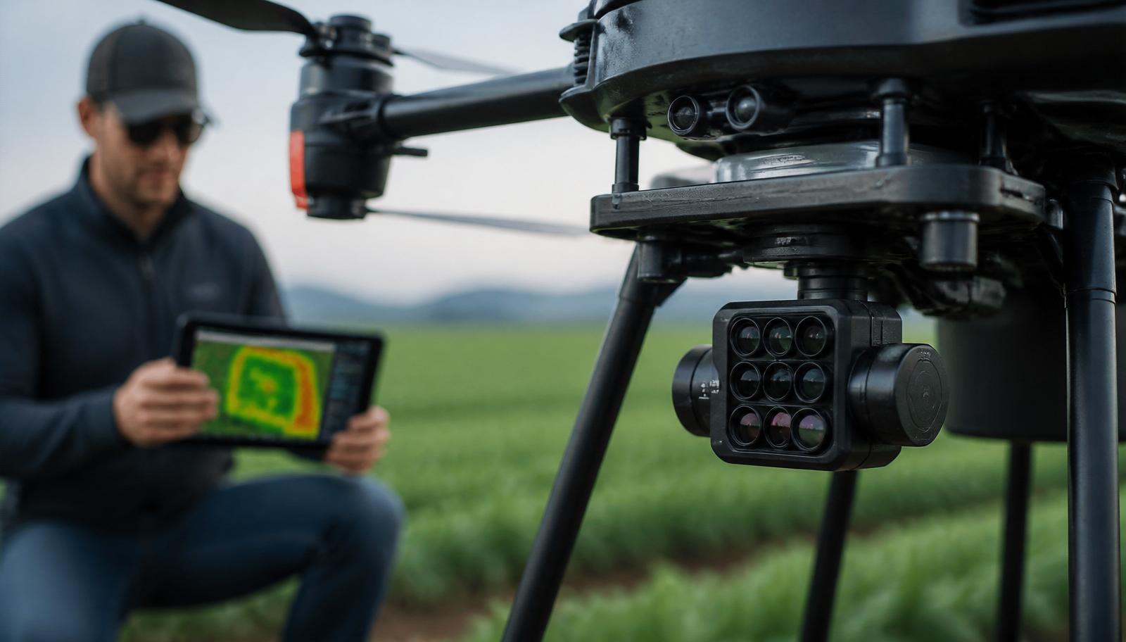 Agronomist reviewing NDVI crop-health heatmap on a tablet next to a drone with multispectral and thermal payload