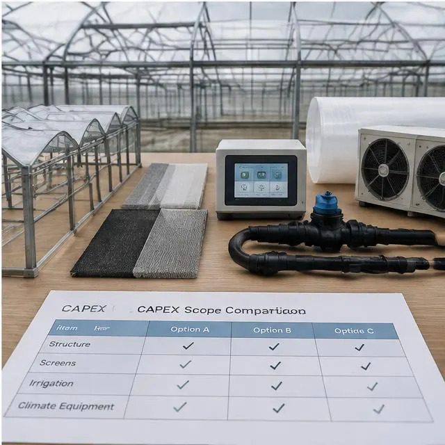 Greenhouse structure models, covering samples, irrigation components and climate equipment beside a CAPEX scope checklist