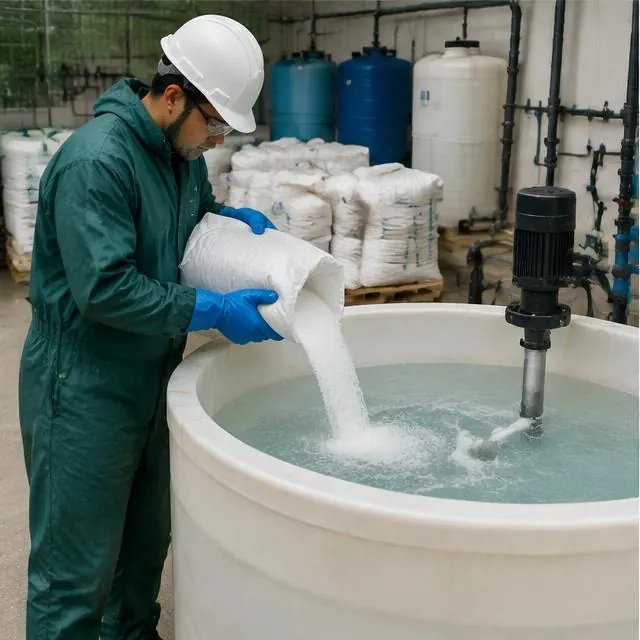 Worker wearing protective equipment adding granular material to a mixing tank beside fertigation equipment