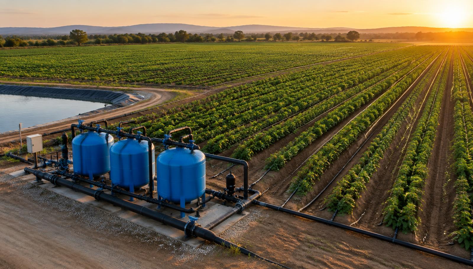 Commercial drip irrigation farm with filtration station and drip lines along crop rows