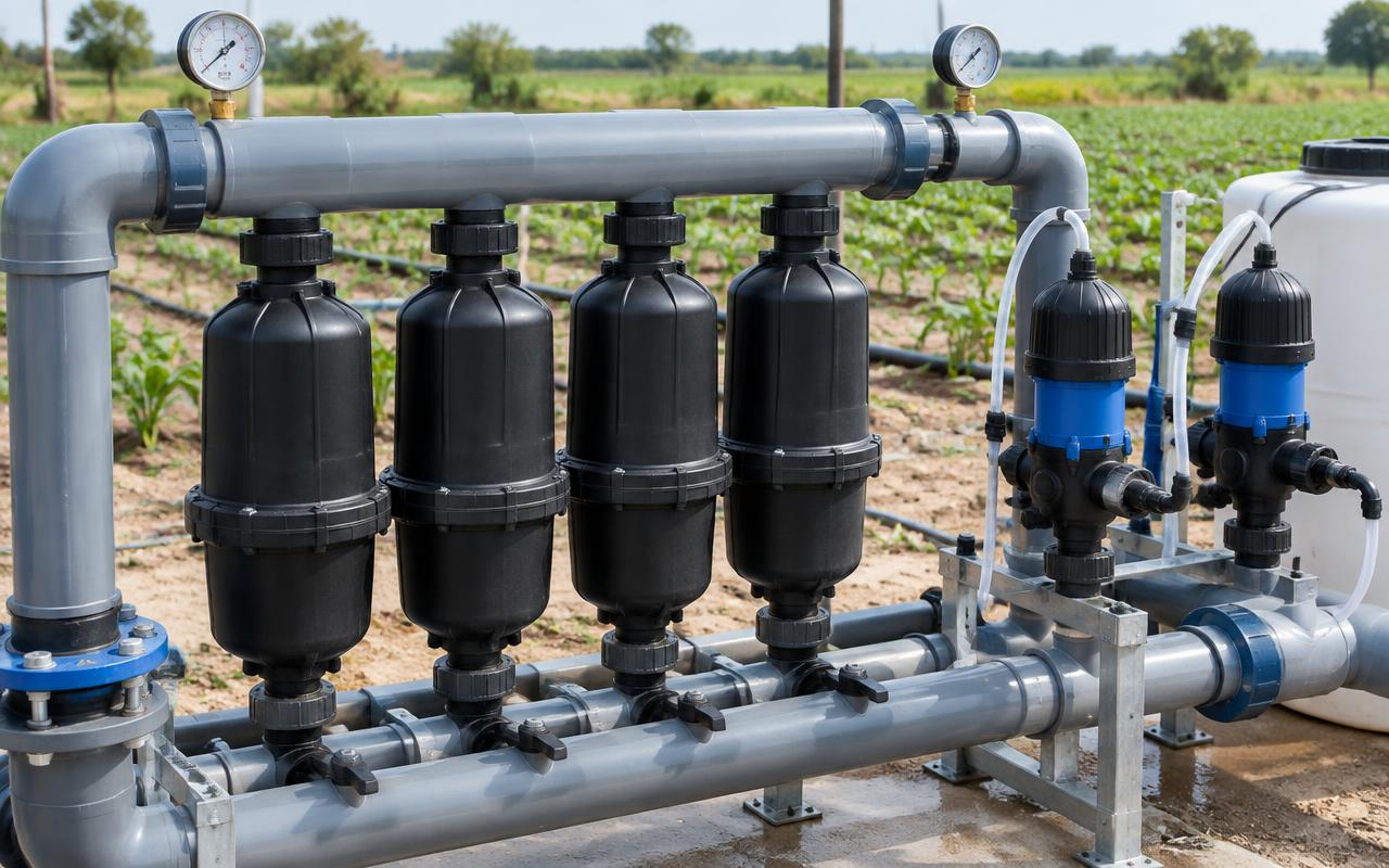 Irrigation head station with disc filters, injector pumps and pressure gauges