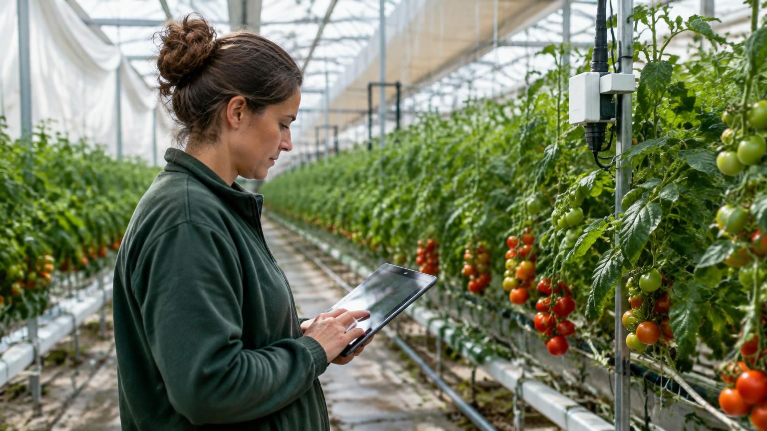 Responsable de un invernadero comercial revisando datos de sensores en una tableta junto a hileras de tomates
