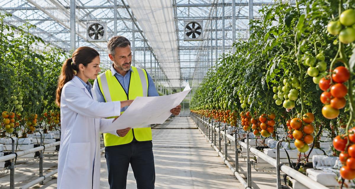 Project engineer and agronomist reviewing plans inside a commercial tomato greenhouse