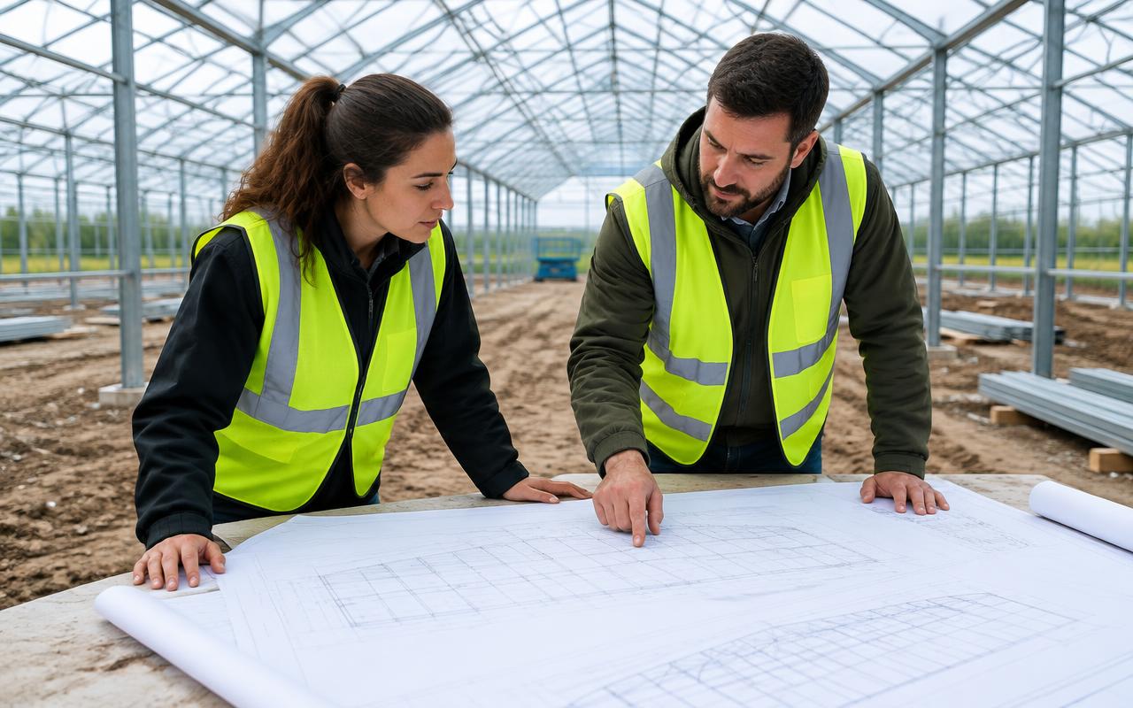 Engineers reviewing greenhouse layout drawings inside a greenhouse frame under construction