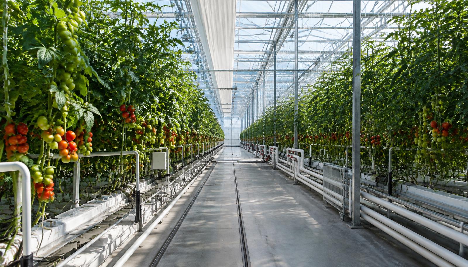 Interior of a commercial multi-span glass greenhouse with high-wire tomato crop and heating pipes