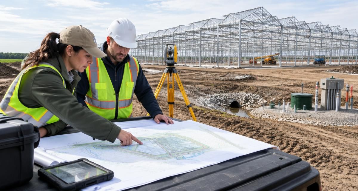 Auditoría del emplazamiento de un invernadero comercial que muestra el terreno levantado topográficamente, las rutas de drenaje, los accesos y los corredores para suministros.