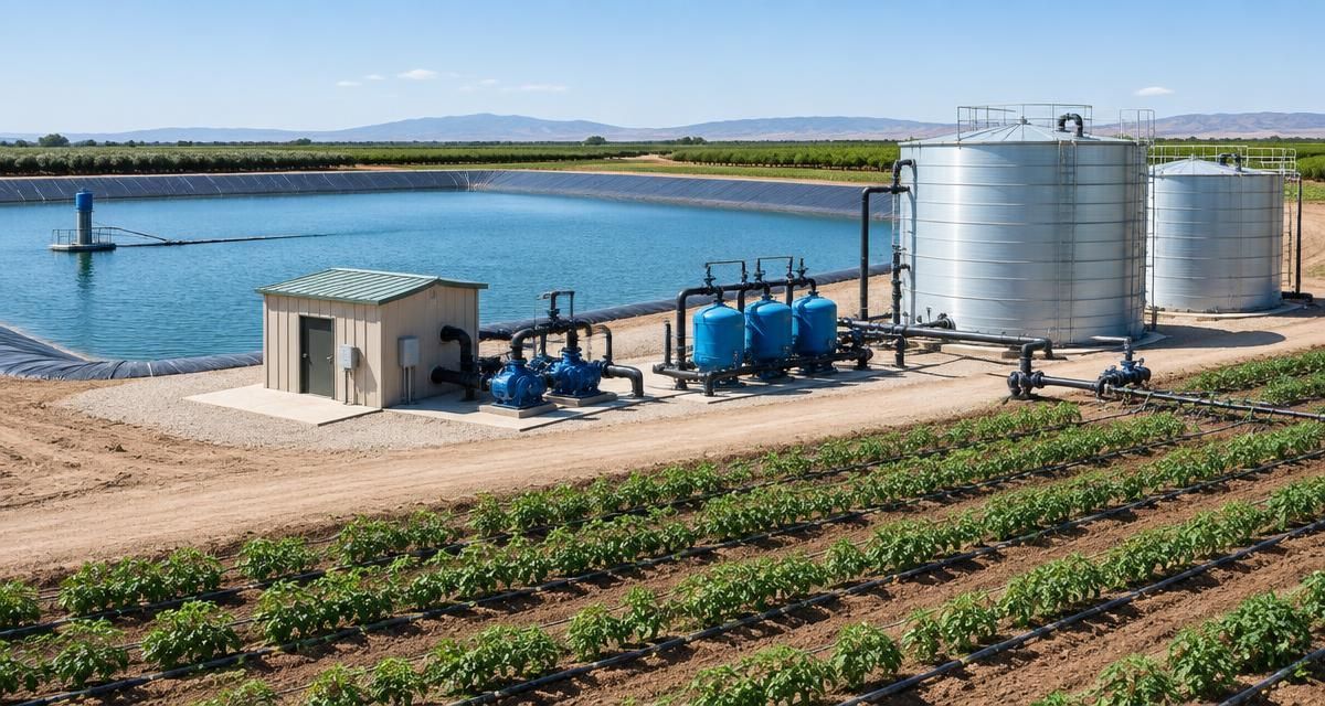 Sistema de almacenamiento de agua agrícola conectado a bombas de riego, tuberías y equipos de supervisión de nivel