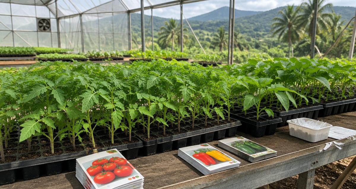Grower inspecting hybrid vegetable seed packets beside tomato seedling trays in a Brazilian greenhouse