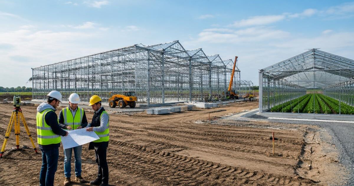 Engineer reviewing commercial greenhouse planning drawings alongside a structure under construction.