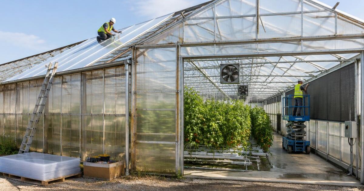 Technician inspecting the structural frame and gutters of an existing commercial greenhouse during a rehabilitation survey.