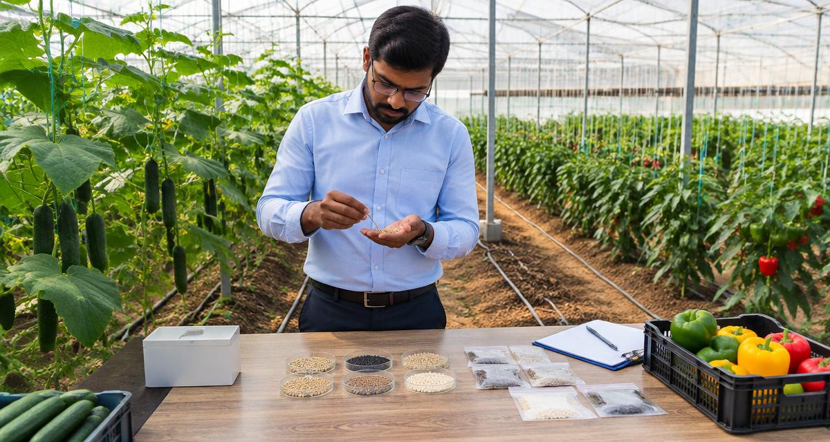 Polyhouse interior in India with hybrid capsicum plants on trellis strings and seed packets on a nearby table
