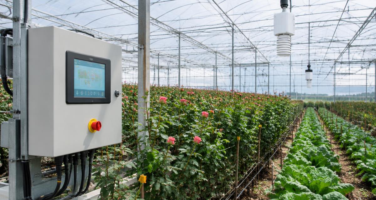 Technician checking a greenhouse climate control cabinet and fertigation dosing unit on a Kenyan highland flower farm