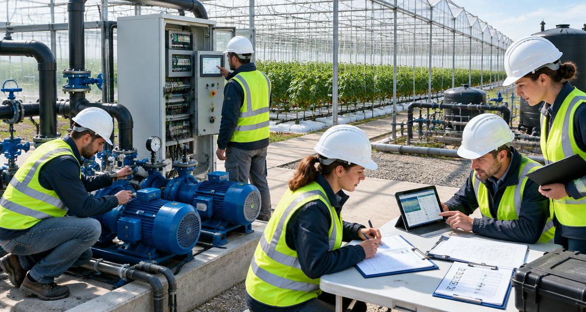 Agricultural project team reviewing commissioning records beside an irrigation control installation