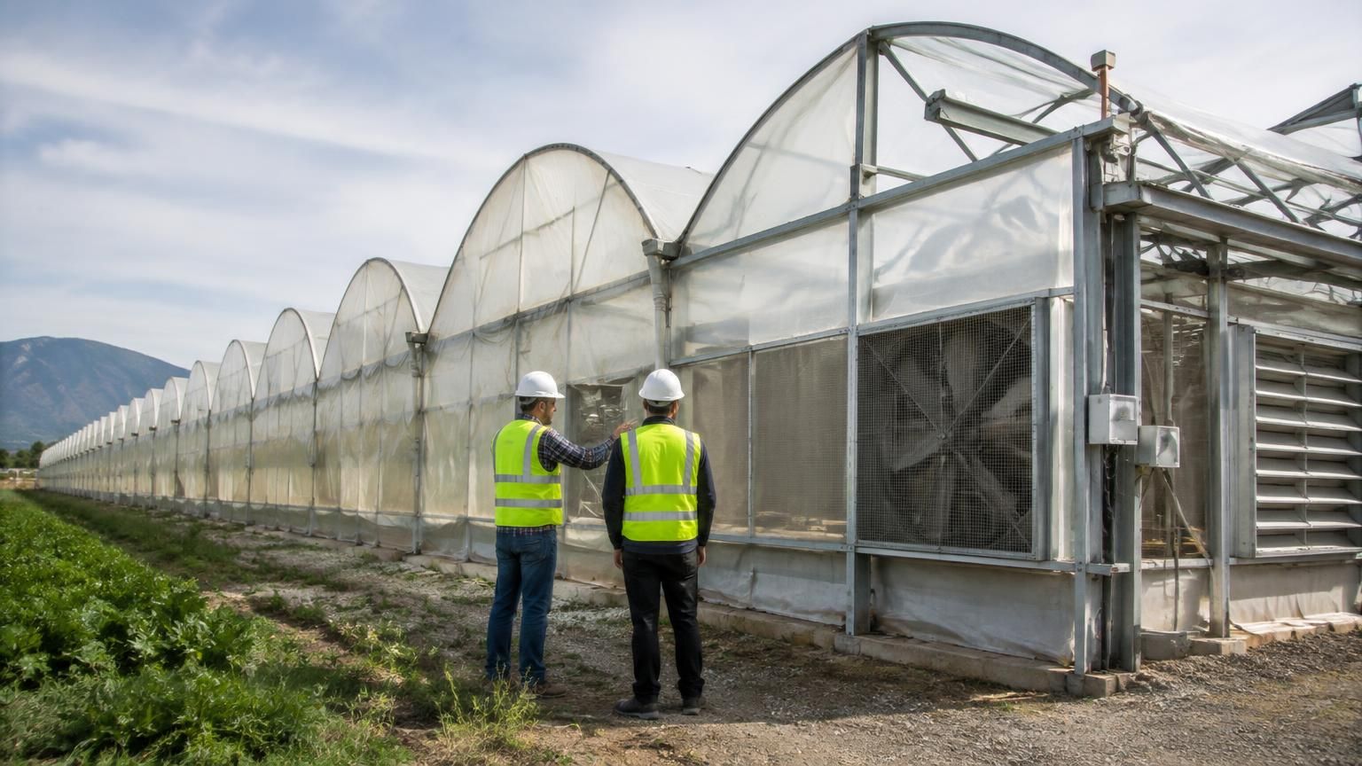 Ingenieros con chalecos de alta visibilidad inspeccionando un invernadero multitúnel antiguo con ventiladores nuevos