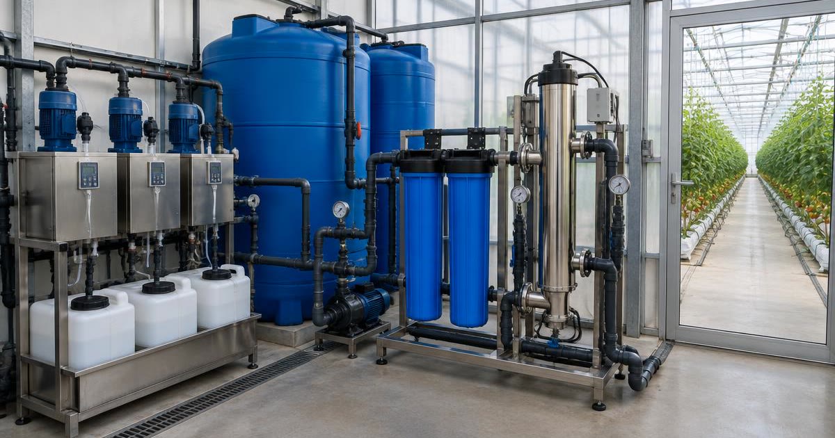 Greenhouse fertigation room with stock tanks, dosing units, filters and a drain-water disinfection unit