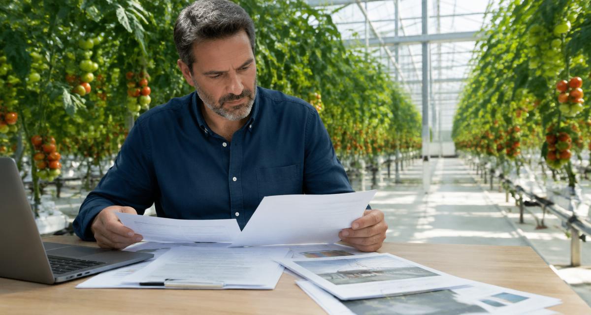 Printed request for quotation document for a commercial agricultural project on a desk alongside site plans.