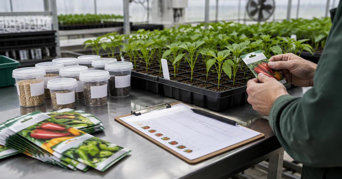 Grower inspecting seed packets and labelled seed lot containers beside pepper seedling trays
