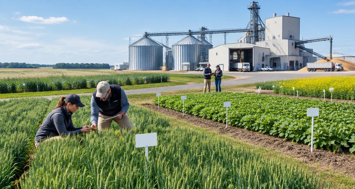 Commercial seed conditioning line with segregated receiving bins and labeled storage areas