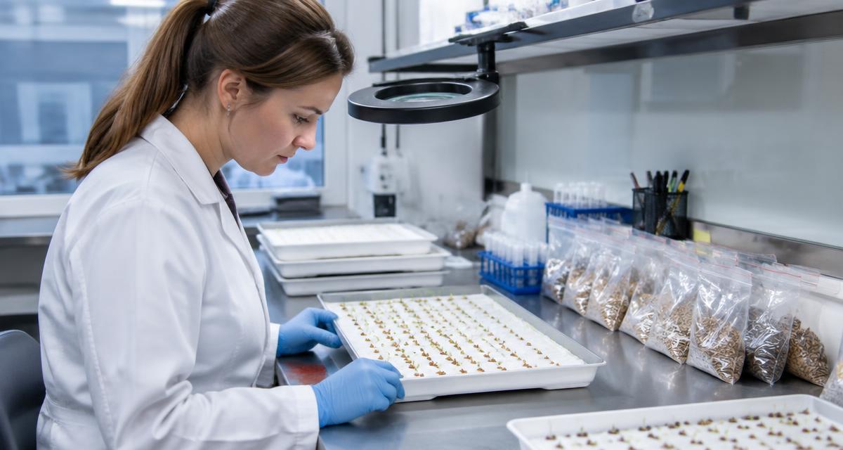 Agricultural seed samples and documentation on a table during a commercial sourcing review.
