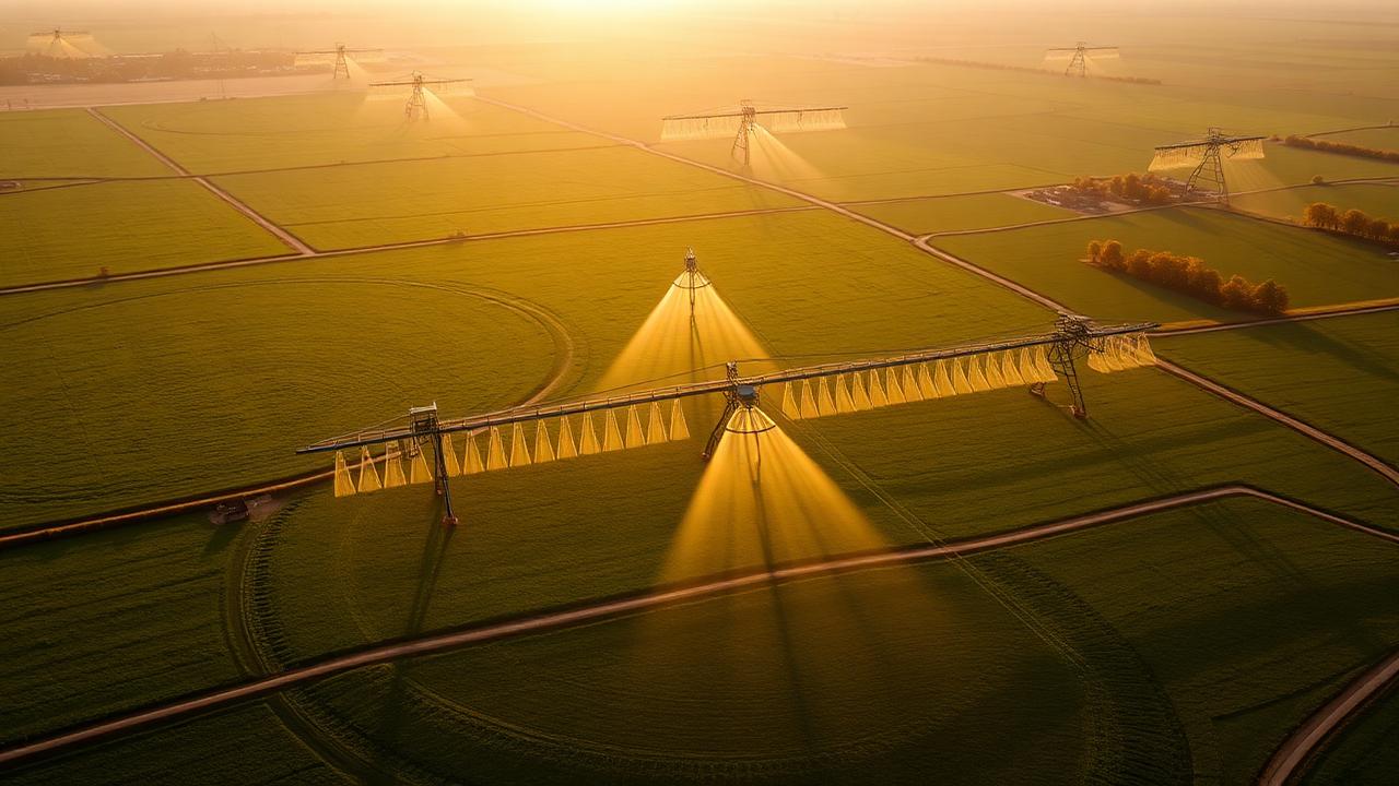 Center-pivot irrigation systems watering large-scale open fields