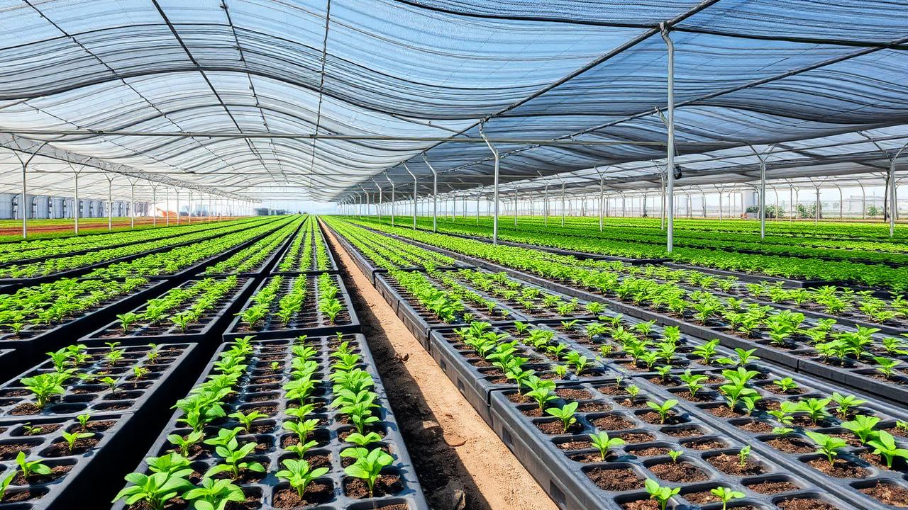 Commercial propagation nursery with seedling trays under shade netting