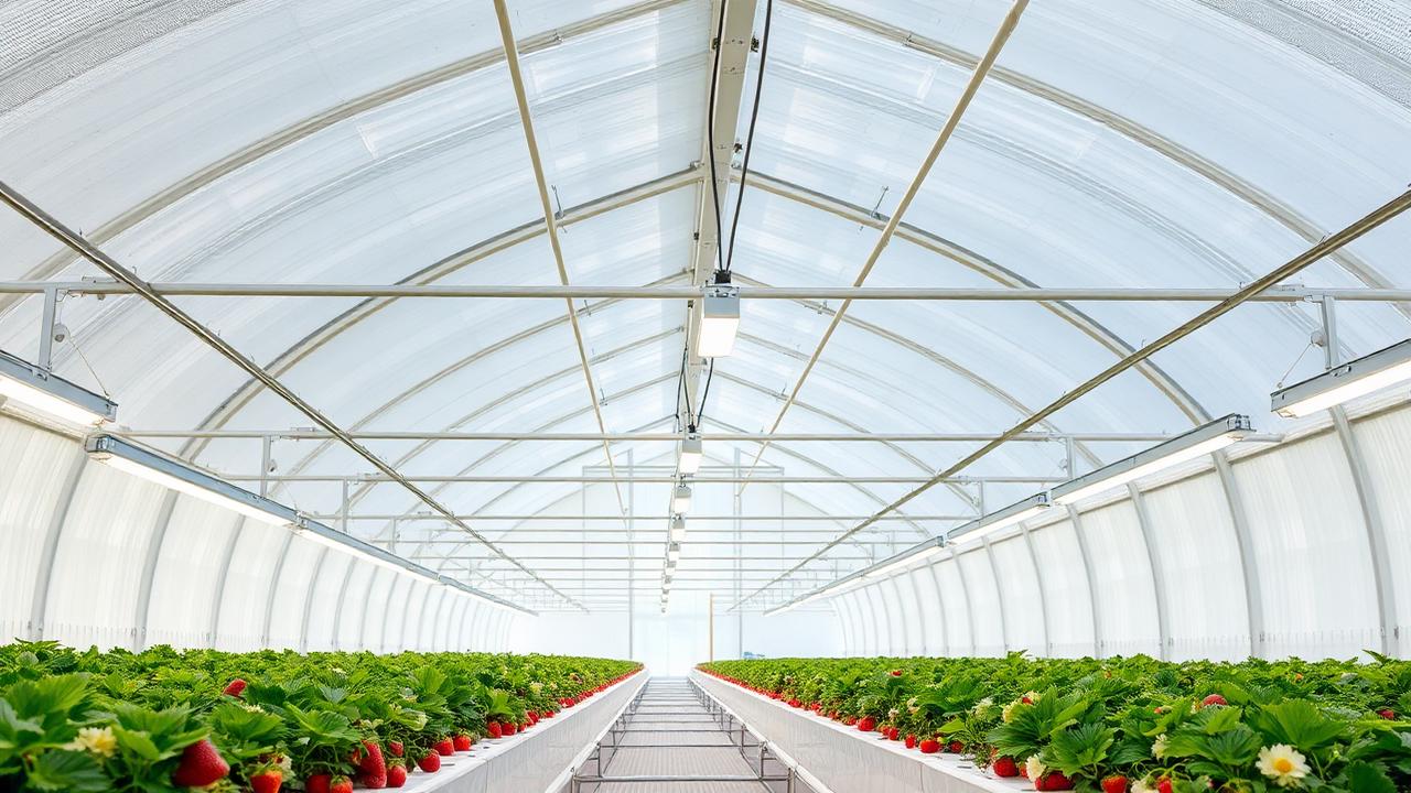 Semi-closed greenhouse with table-top strawberry gutters and LED lighting