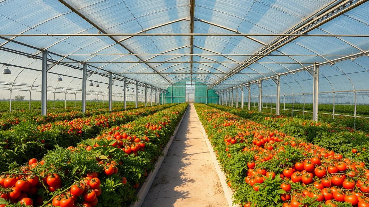 High-tech Venlo glass greenhouse growing tomatoes at commercial scale