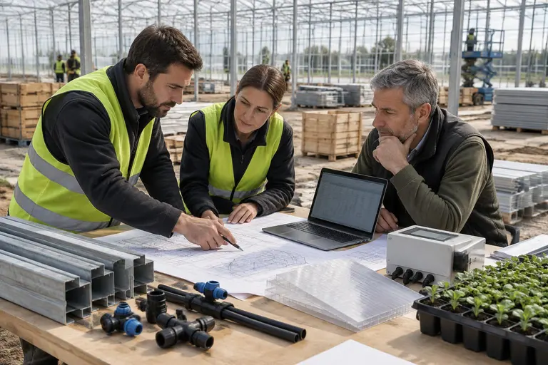 Équipe projet dans une serre en construction examinant des plans et un comparatif de fournisseurs sur un ordinateur portable, à côté de profilés en acier, de raccords de goutte-à-goutte, d’un échantillon de polycarbonate, d’un contrôleur de fertirrigation et de plaques de semis