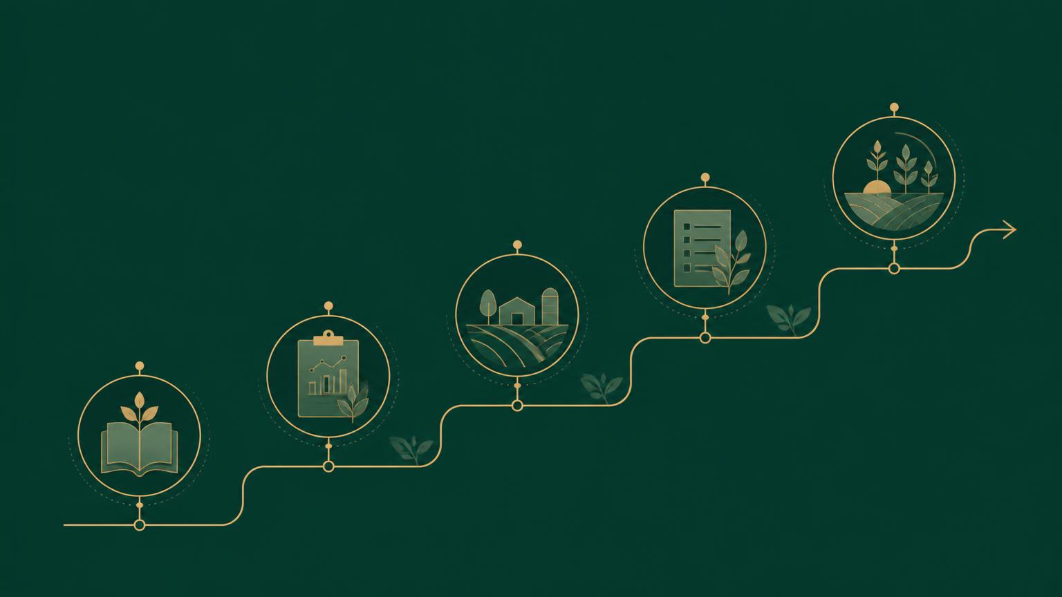 Illustration of the buyer journey from initial project idea through planning, modelling, specification, structured RFQ and supplier selection to a completed agricultural facility