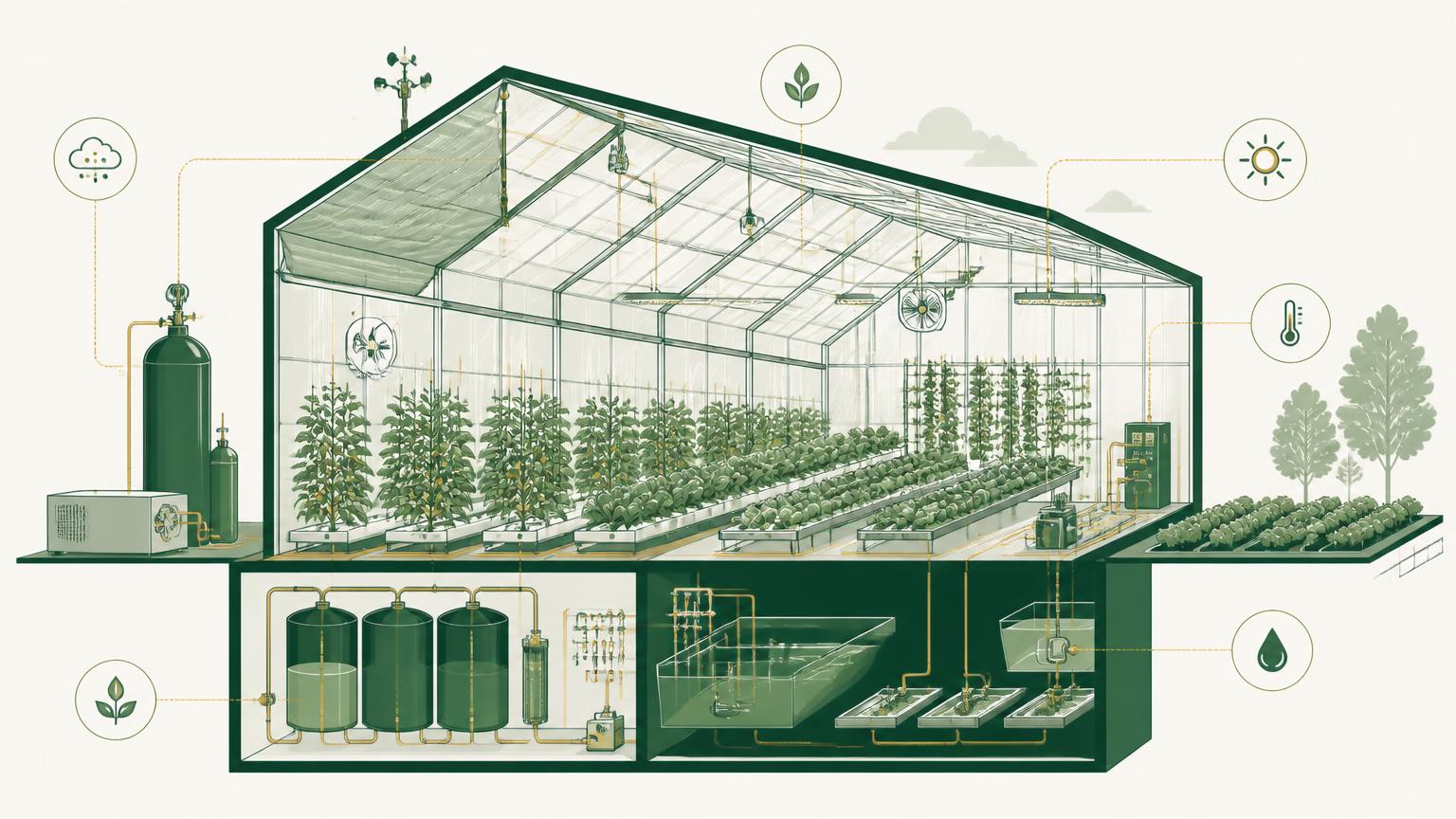 Cutaway illustration of a controlled environment agriculture greenhouse showing climate screens, heating, fertigation tanks, sensors, CO2 dosing, lighting and drainage recirculation