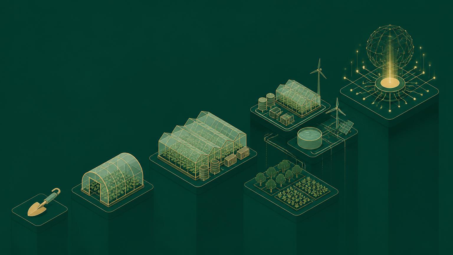 Isometric illustration showing the five-stage evolution of commercial agriculture from a single hand tool through greenhouses to a connected agricultural development platform