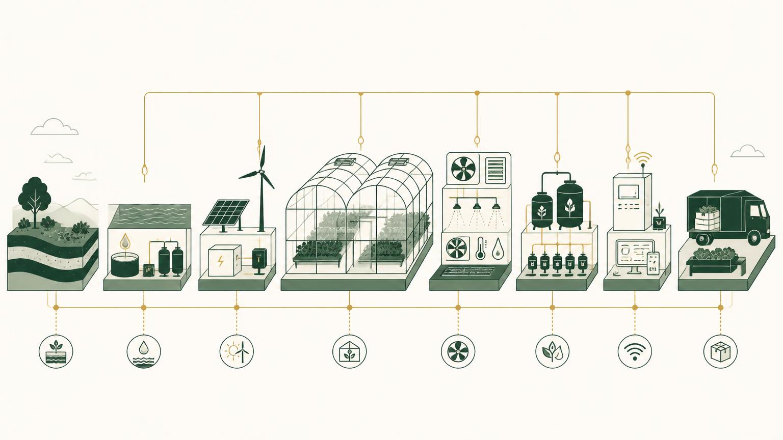 Workflow illustration of greenhouse infrastructure subsystems from site and soil through water, energy, structure, climate systems, fertigation, automation and dispatch