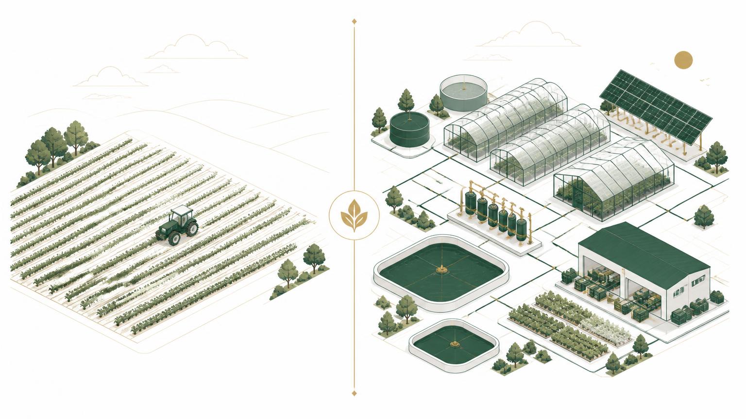 Comparison illustration of traditional open-field farming beside an integrated commercial agriculture infrastructure complex with greenhouses, water reservoirs, irrigation manifolds, solar array and packing house