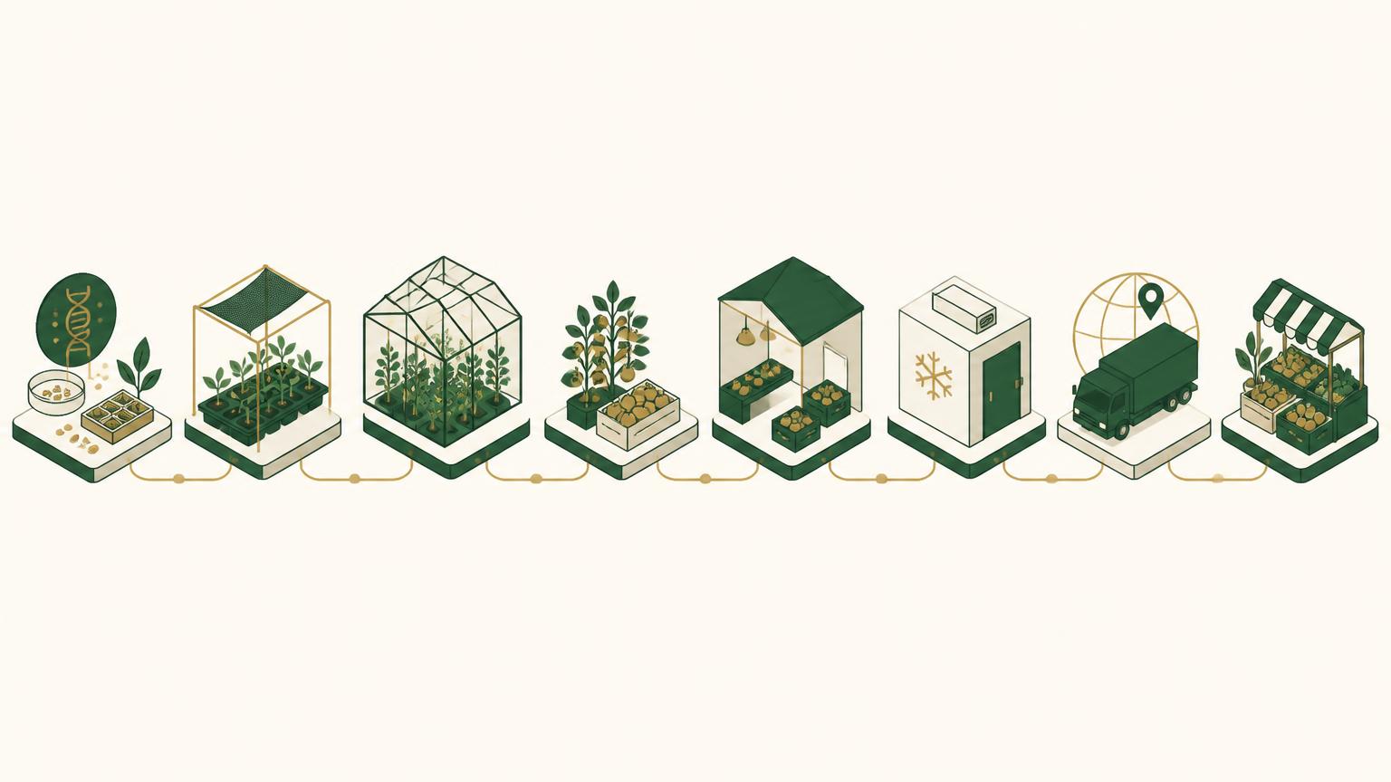 Illustration of the agricultural value chain from genetics and seed through nursery, greenhouse production, harvest, packing house, cold storage, logistics and market