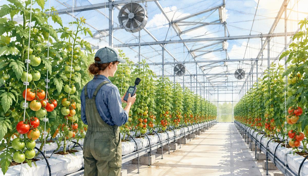 Illustration d'une serre commerciale en verre avec de hautes rangées de tomates, des ouvrants de toit ouverts et des ventilateurs, et un producteur mesurant l'humidité avec un appareil portatif