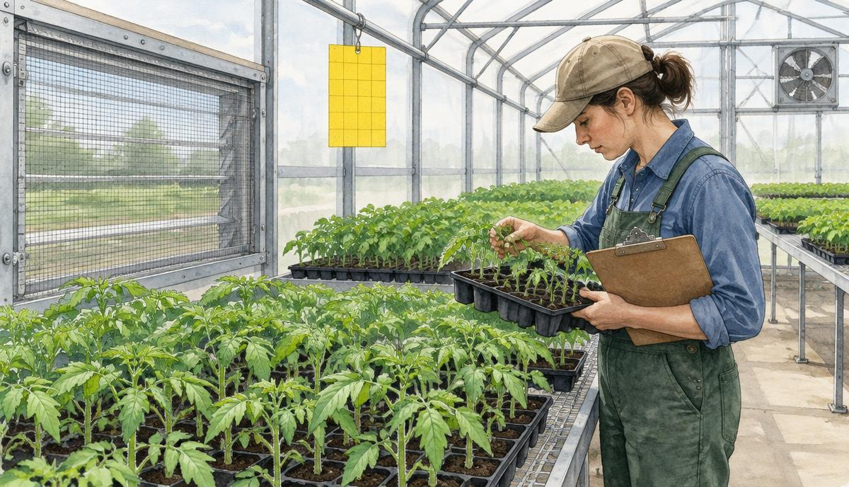 Illustration d'une zone de multiplication avec des plaques de jeunes plants de tomate, un filet anti-insectes sur l'ouvrant latéral, un piège jaune englué et une employée inspectant une plaque avec un porte-documents