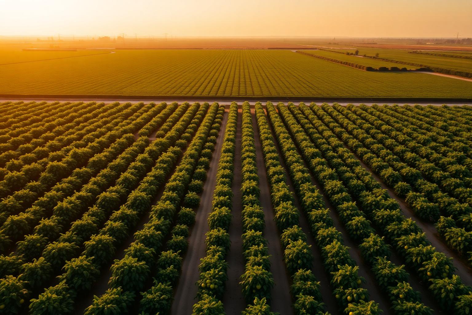 Aerial view of commercial vegetable crop fields at sunset