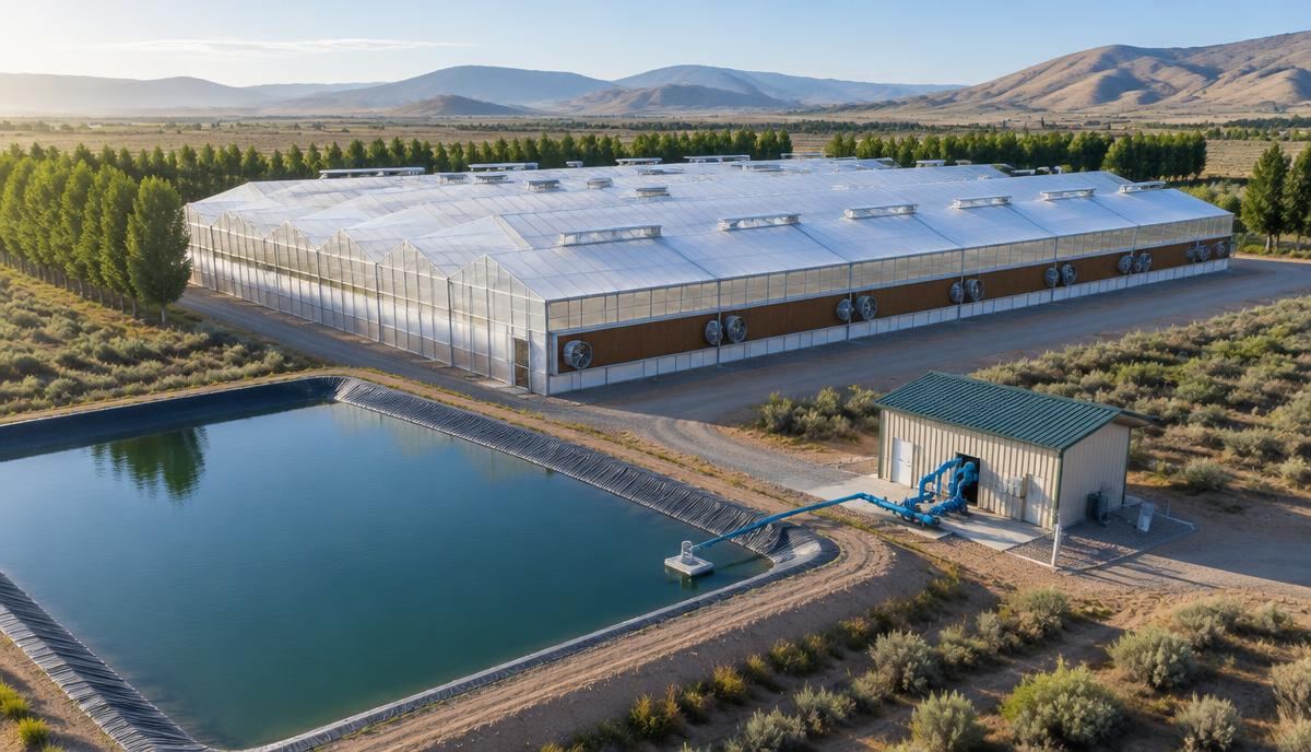 Multi-span commercial greenhouse with roof vents and a fan wall in a semi-arid valley, beside a lined water reservoir, a pump house and a row of windbreak trees