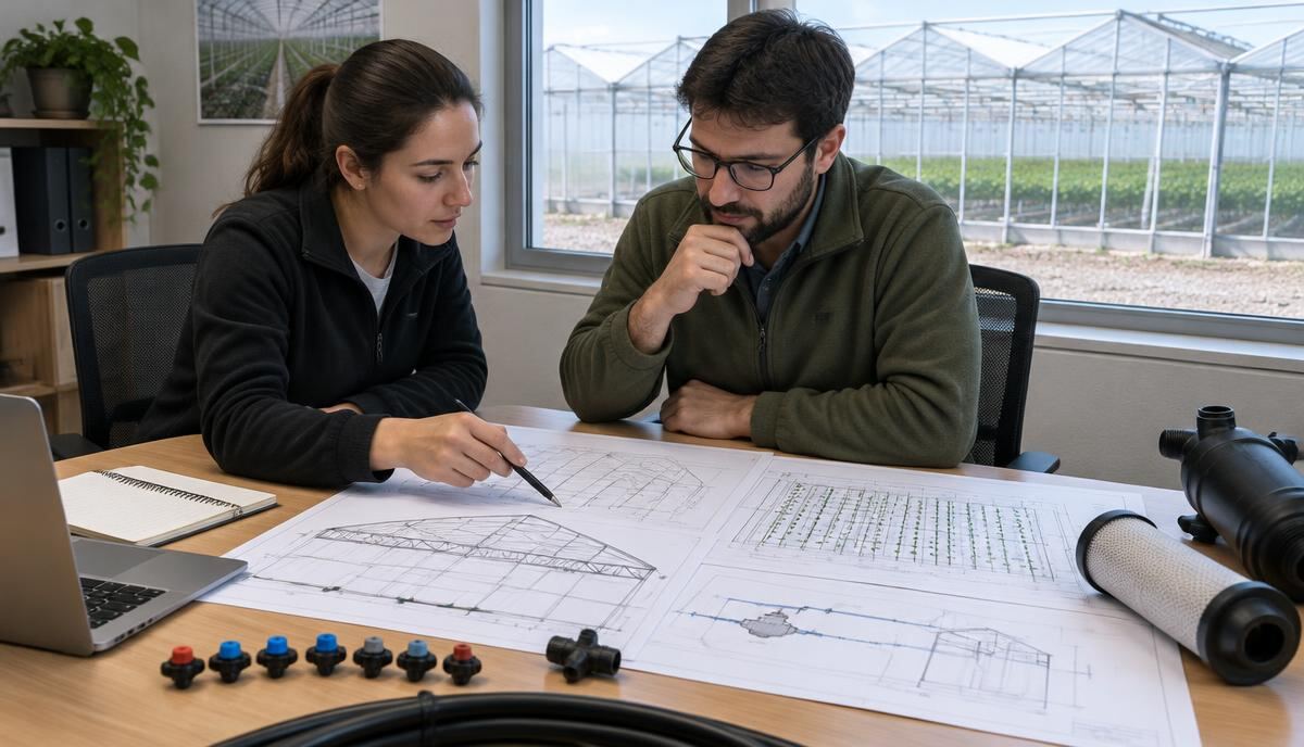 Two engineers at a project office table reviewing greenhouse structure and irrigation layout drawings, with sample drip emitters and a filter cartridge on the table and greenhouses visible through the window