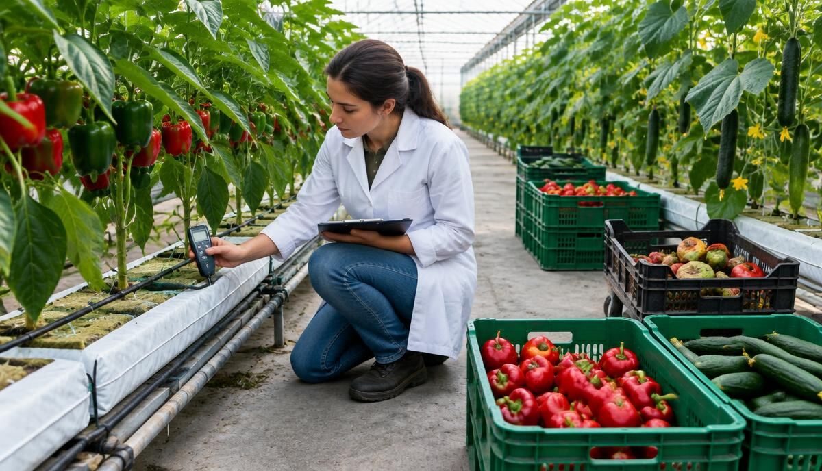 Agronomist kneeling between greenhouse pepper rows, checking a drip line and substrate slab with a handheld meter while graded and rejected harvest crates stand in the aisle