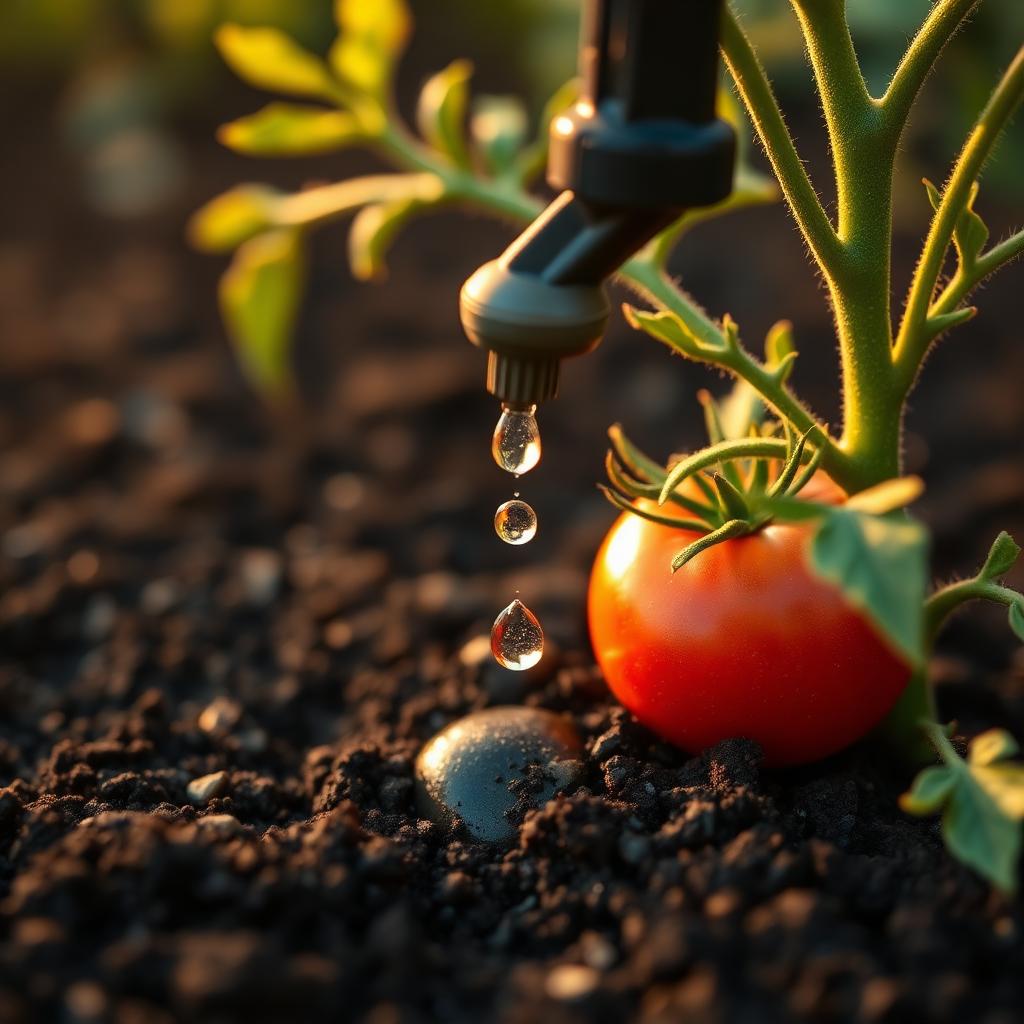 Macro view of a pressure-compensated dripline emitter releasing a water droplet onto dark soil beside a tomato plant