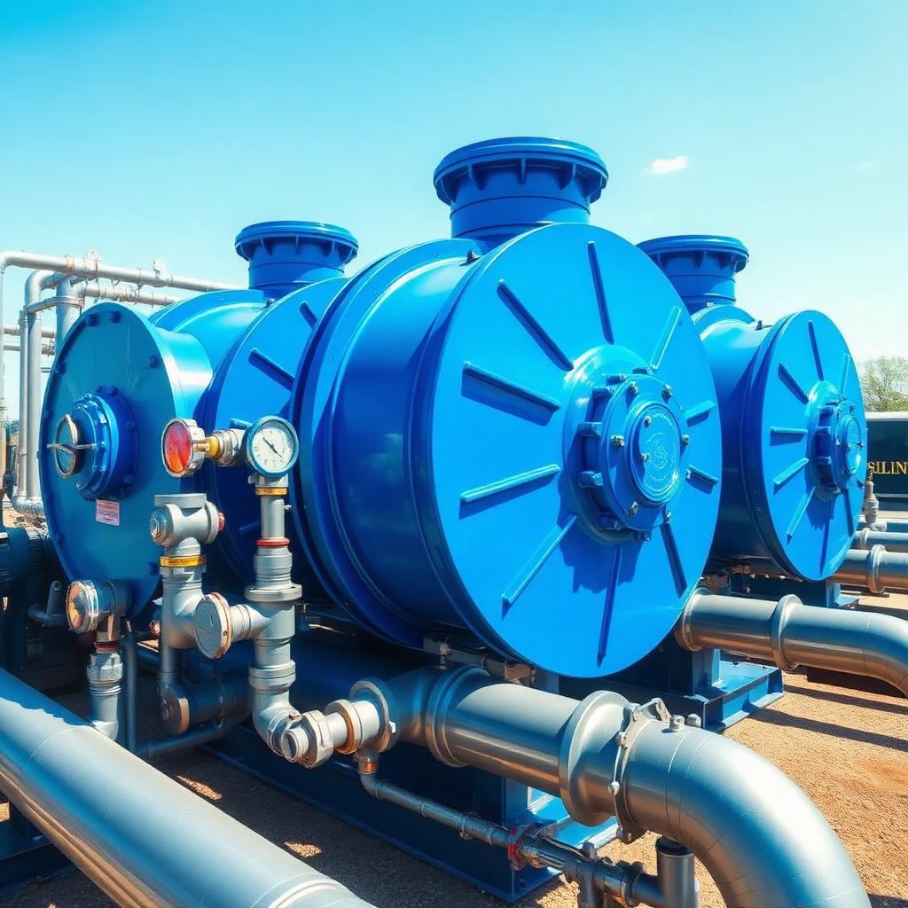 Large blue disc filters and hydrocyclone separators at an agricultural drip filtration station