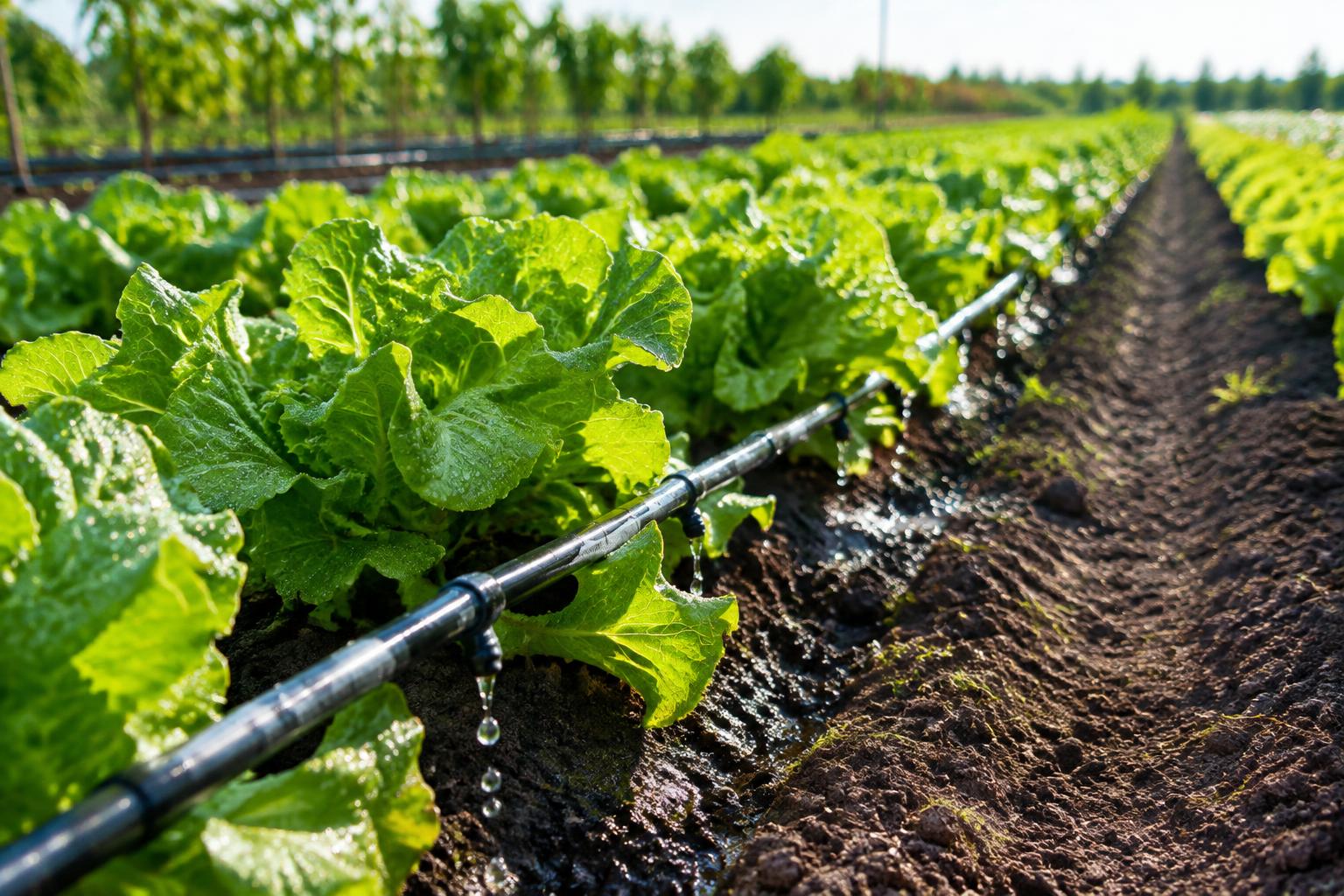 Drip irrigation lines along crop rows